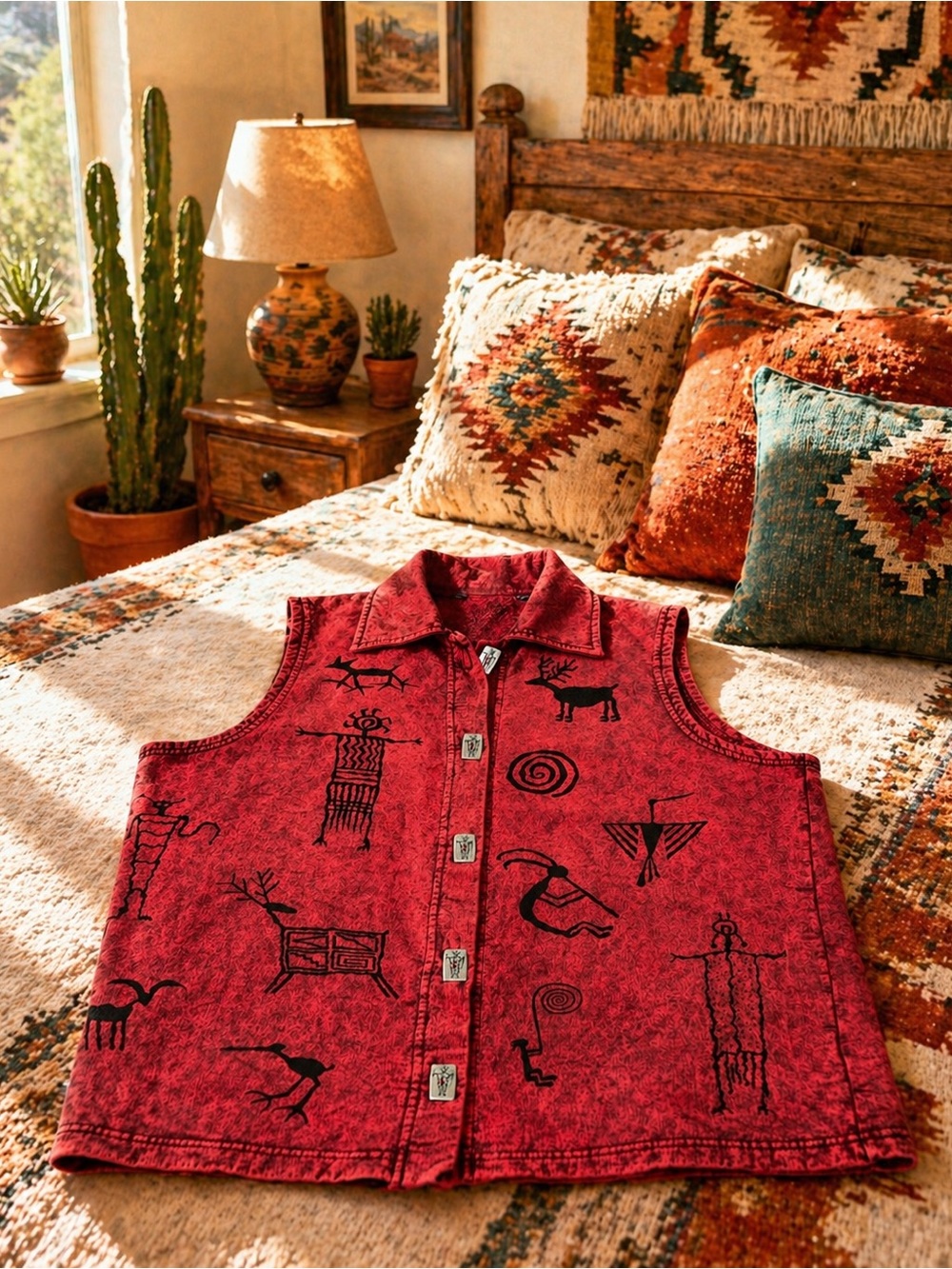 Vintage Southwest Kokopelli Print Red Vest Tribal Art Button Front